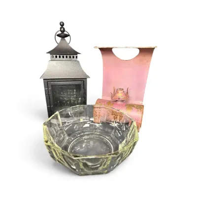 Pink Candleholder, Black Lantern, and Glass Bowl