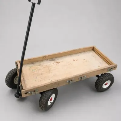 Wooden Pull Wagon With Black Handle and Rubber Tires