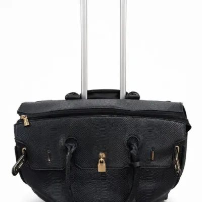 Black Textured Rolling Travel Bag With Lock