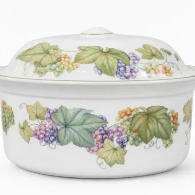 Lidded Ceramic Tureen With Grape and Leaf Design