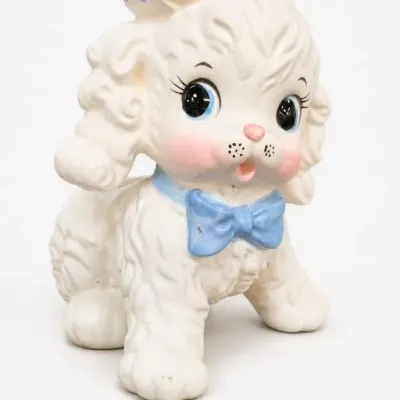 Ceramic White Poodle Figurine With Blue Bow and Hat