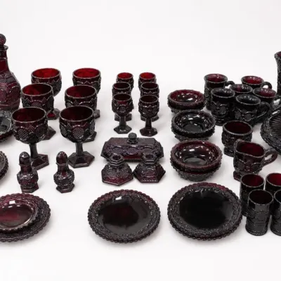 Assorted Ruby Red Pressed Glass Tableware Group
