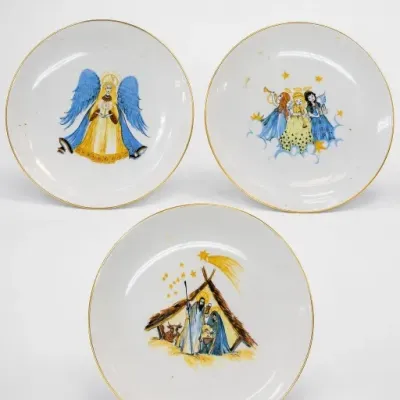 Set of Three Hand-Painted Nativity and Angel Plates