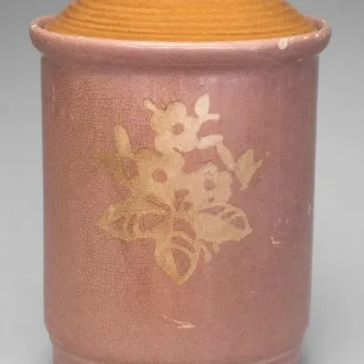 Pink Glazed Stoneware Crock With Floral Design