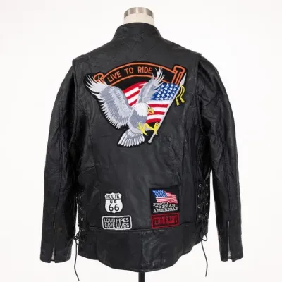 Black Leather Motorcycle Vest With Eagle and Flag Patches