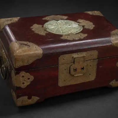 Wooden Box With Metal Hardware and Carved Stone Inset