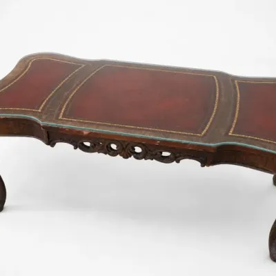Carved Wood and Tooled Leather Top Table