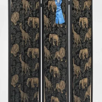 Framed Animal Print Textile Panels With Blue Ribbon