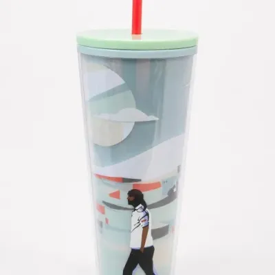 Lidded Plastic Tumbler With Straw and Walking Figure Design