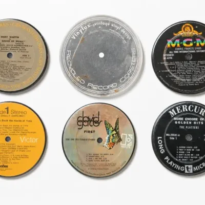 Assorted Vinyl Record Coasters and Labels