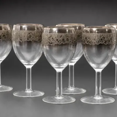 Set Of Six Glass Goblets With Silver-Tone Band