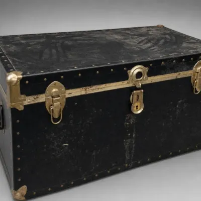 Black Metal Steamer Trunk With Brass-Tone Hardware