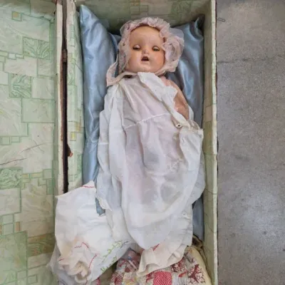 Composition Baby Doll in White Gown and Bonnet