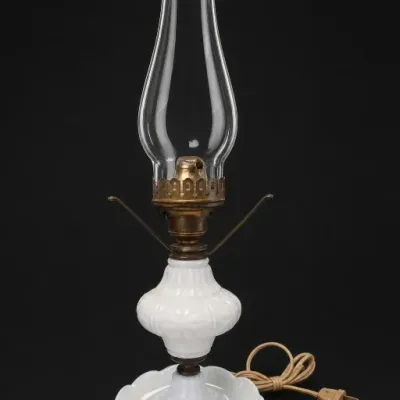 White Glass and Brass Electric Hurricane Lamp