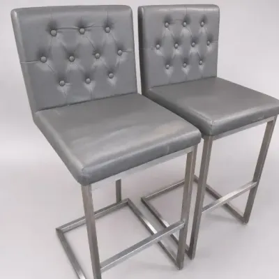 Pair of Gray Tufted Bar Stools With Metal Legs