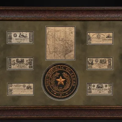 Framed Republic of Texas Currency and Map Display