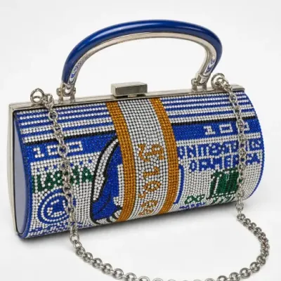 Blue and Silver Rhinestone Cylinder Handbag With Chain Strap