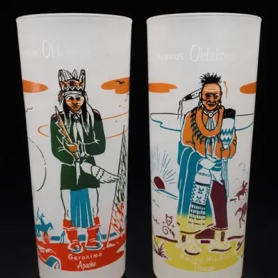 Sale Photo Thumbnail #205: Pair of Oklahoma Frosted Glass Tumblers With Native American Motifs