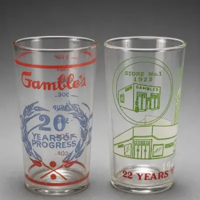 Sale Photo Thumbnail #302: Gamble's 20th and 22nd Anniversary Glass Tumblers Pair
