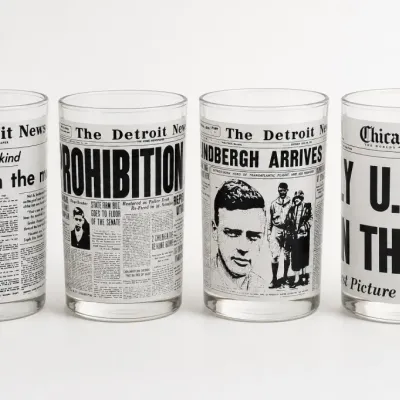 Sale Photo Thumbnail #147: Set of Four Newspaper Headline Drinking Glasses