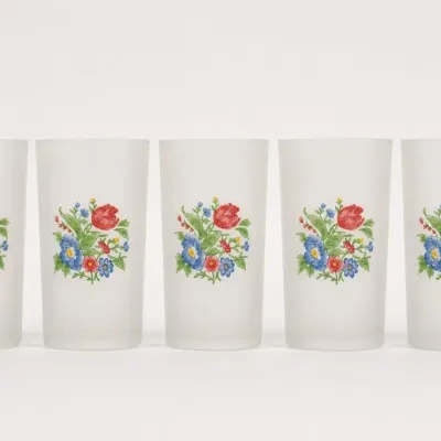 Sale Photo Thumbnail #86: Set Of Five Frosted Glass Floral Tumblers