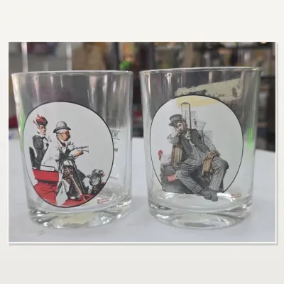 Sale Photo Thumbnail #117: Pair of Clear Glass Tumblers With Illustrated Figures