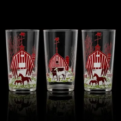 Sale Photo Thumbnail #139: Set of Three Barn Scene Drinking Glasses