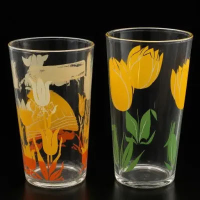 Sale Photo Thumbnail #280: Pair of Yellow Floral Glass Tumblers