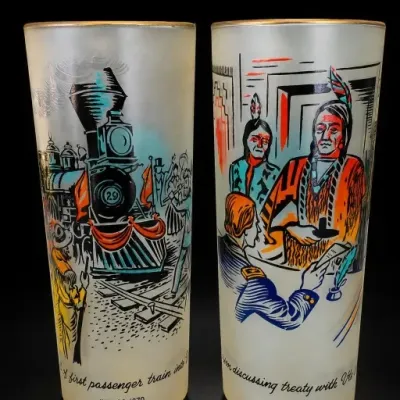 Sale Photo Thumbnail #215: Pair of Frosted Glass Tumblers With Western Scenes