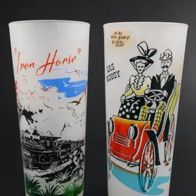 Sale Photo Thumbnail #203: Iron Horse and Gas Buggy Themed Glasses Pair