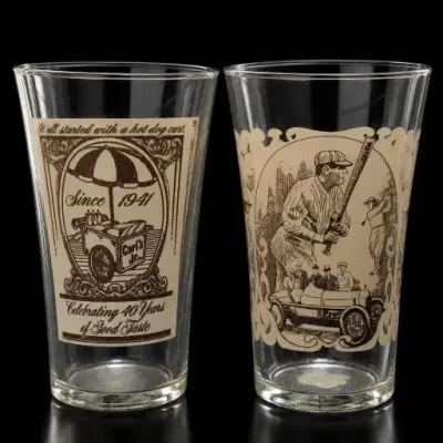 Sale Photo Thumbnail #132: Pair of Illustrated Glass Tumblers With Baseball and Hot Dog Cart Motifs