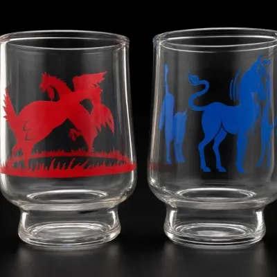 Sale Photo Thumbnail #239: Pair of Clear Glass Tumblers With Red and Blue Animal Designs