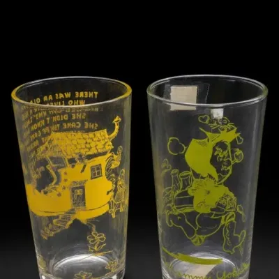 Sale Photo Thumbnail #351: Pair of Yellow Nursery Rhyme Printed Glasses