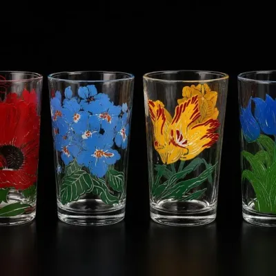 Sale Photo Thumbnail #169: Set Of Four Floral Painted Glass Tumblers