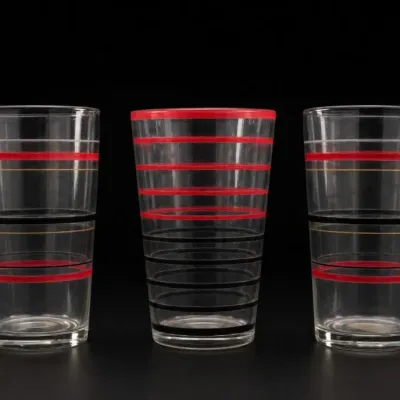 Sale Photo Thumbnail #267: Clear Glass Tumblers With Red and Gold Bands