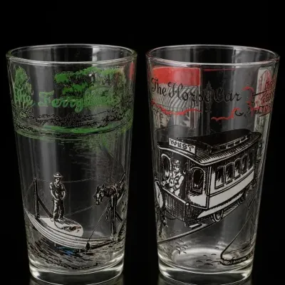 Sale Photo Thumbnail #225: Pair of Printed Glass Tumblers With Historic Scenes