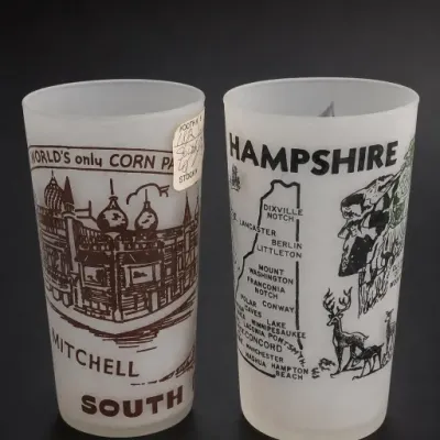 Sale Photo Thumbnail #341: Souvenir Frosted Glass Tumblers Featuring South Dakota and New Hampshire