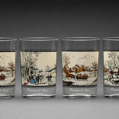 Sale Photo Thumbnail #219: Currier & Ives Winter Scene Glass Tumblers Set of Four