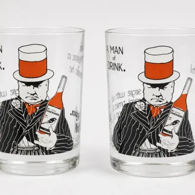 Sale Photo Thumbnail #284: Pair of Illustrated Glass Tumblers With Red Hat Man Design