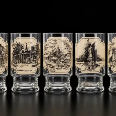 Sale Photo Thumbnail #127: Set Of Five Glass Tumblers With Historic Landmark Designs