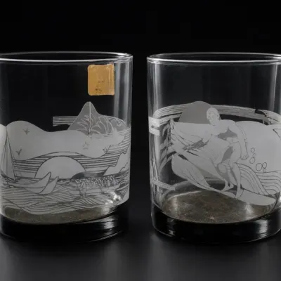 Sale Photo Thumbnail #276: Etched Glass Tumblers With Nautical Designs
