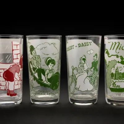 Sale Photo Thumbnail #308: Set of Four Printed Glass Tumblers With Comic Designs