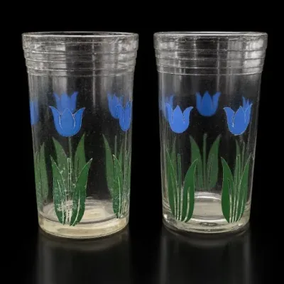 Sale Photo Thumbnail #126: Pair of Glass Tumblers With Blue Tulip Design