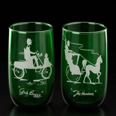 Sale Photo Thumbnail #19: Pair of Green Glass Tumblers With Gas Buggy and The Hansom Designs