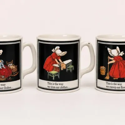 Sale Photo Thumbnail #49: Set of Three Ceramic Mugs With Housework Illustrations