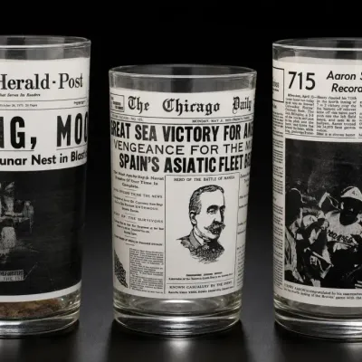 Sale Photo Thumbnail #331: Set of Three Newspaper Headline Drinking Glasses