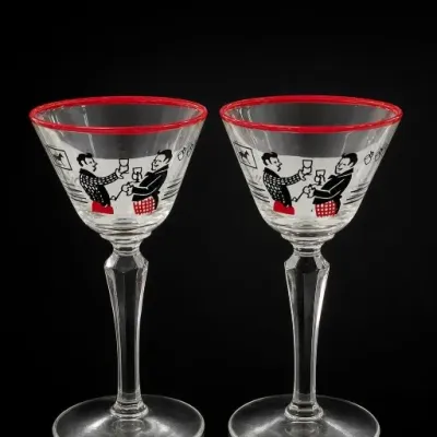 Sale Photo Thumbnail #92: Pair of Clear Glass Cocktail Glasses With Bartender Design