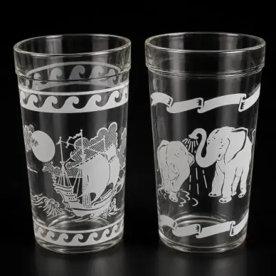 Sale Photo Thumbnail #303: Pair of Etched Glass Tumblers With Ship and Elephant Designs