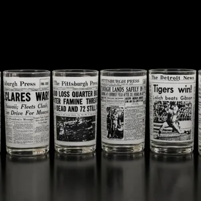 Sale Photo Thumbnail #80: Set of Newspaper Headline Glass Tumblers