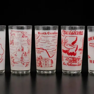 Sale Photo Thumbnail #354: Set Of Five State Souvenir Glasses With Red Graphics
